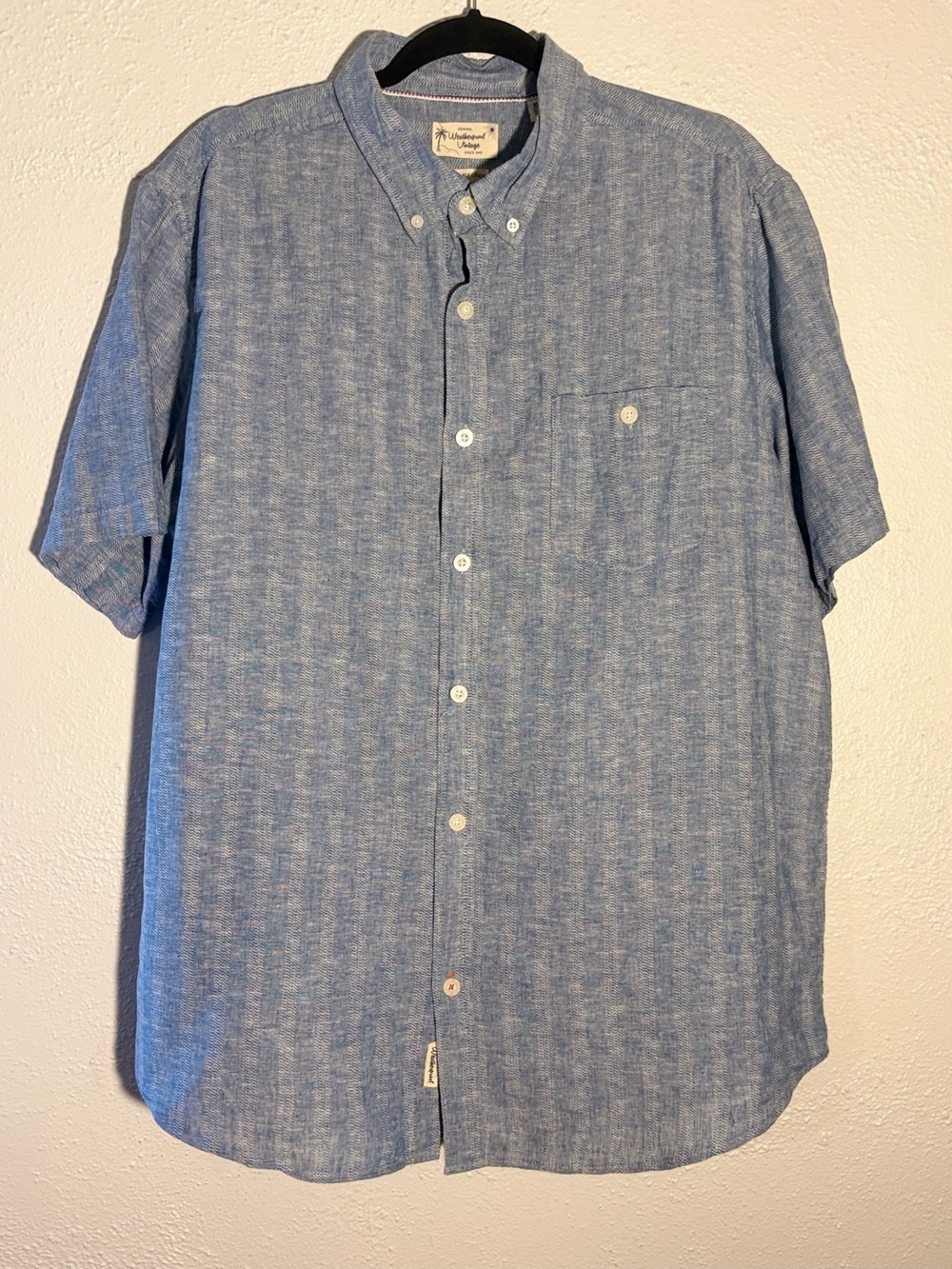 Weatherproof Vintage Short Sleeve Linen Button Shirt Blue Stripe Men’s XL